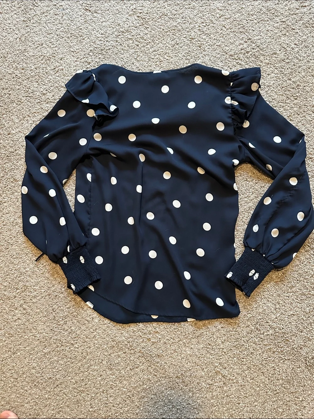 LOFT Navy and White Polka Dot Tie-Neck Blouse